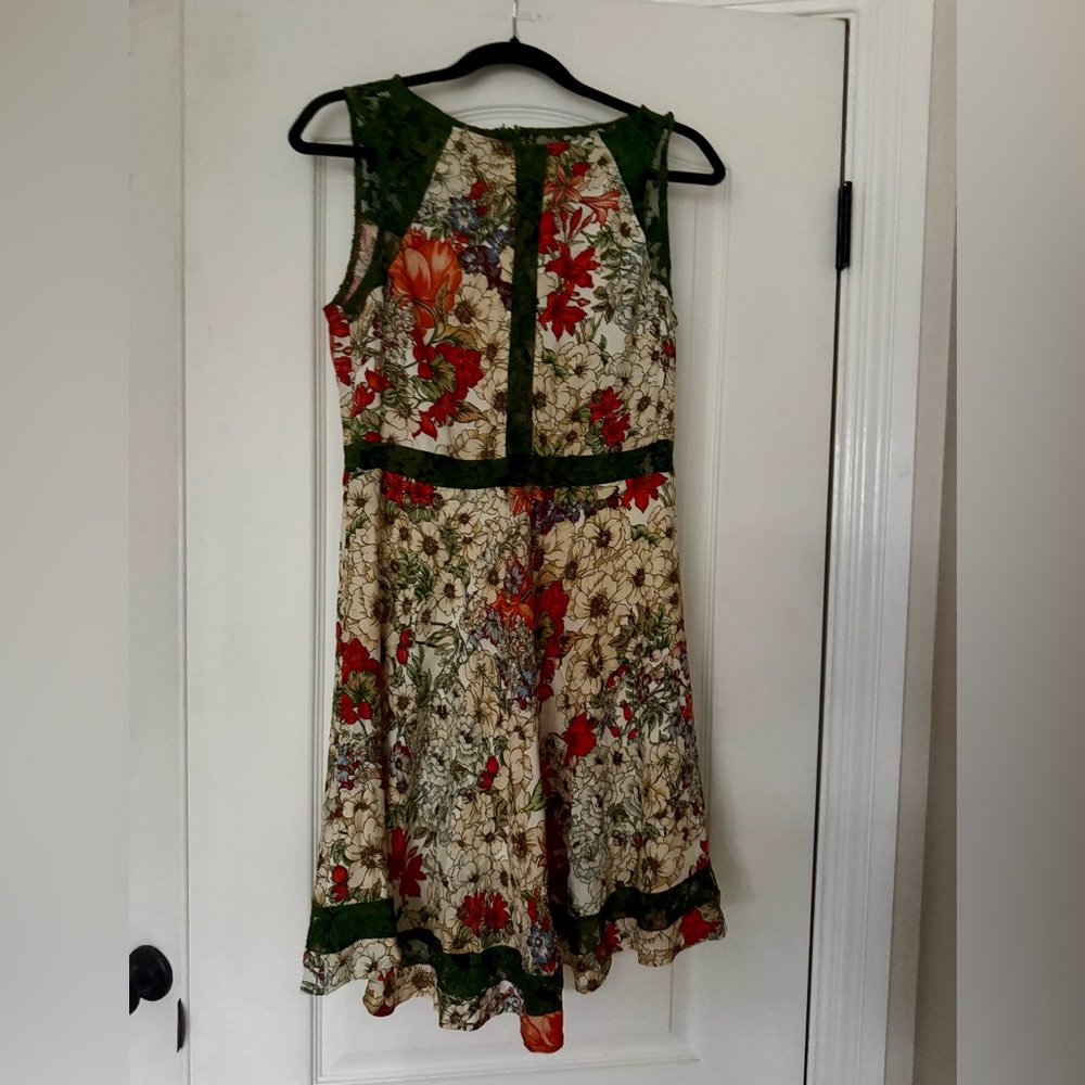 Anthropologie Coconinno Green Lace Red Cream Floral Chiffon Fit Flare Dress